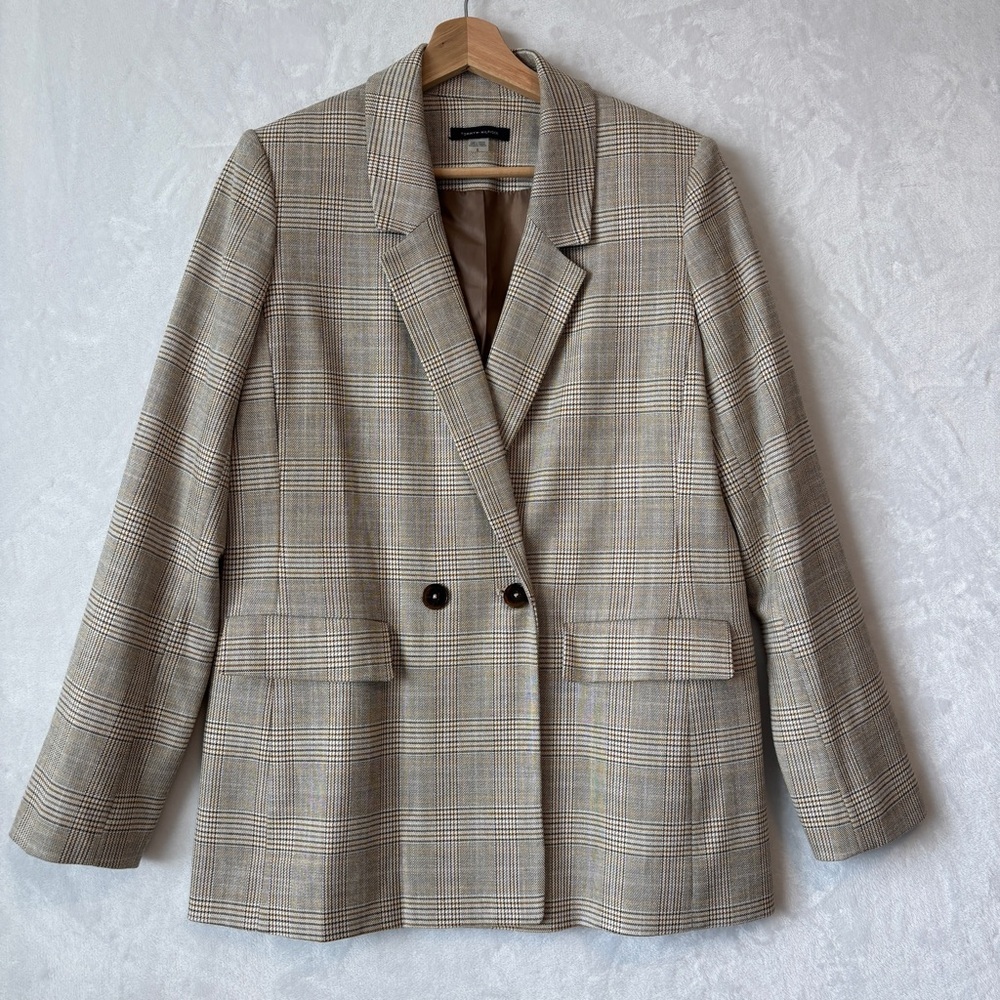 Tommy Hilfiger‎ tan gray Double Breasted Plaid pockets business Blazer size 8